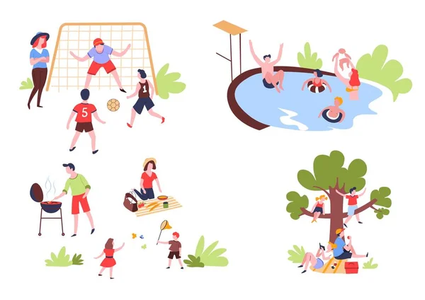 Summer outdoor activity and recreation. Family leisure vector pastime on nature picnic and walk football game and swimming pool bbq party and badminton tree climbing and reading parents and children.
