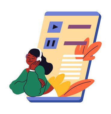 Akıllı telefondan online müzik dinlemek için çevrimiçi yayın hizmeti. Telefonun yanındaki izole edilmiş kadın internette şarkı ve beste yapıyor. Eğlenceli bir alet. Düz biçimli vektör