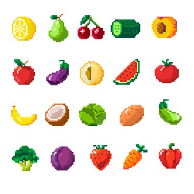 Sebzeler ve meyveler piksel motifinde. Limon ve kiraz, armut ve salatalık, armut ve patlıcan, karpuz ve hindistan cevizi, çilek. Pikselleştirilmiş izole simge, 8 bit oyun tasarımı, düz biçimli vektör