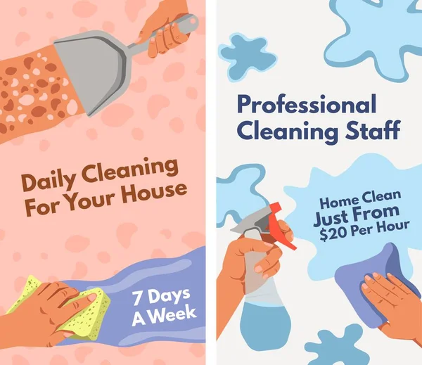 毎日の清潔さであなたの家のための清掃サービス週7日 割引を得る 表面やほこりを拭く手でプロモーションバナー 研磨し 平型ベクトル — ストックベクタ