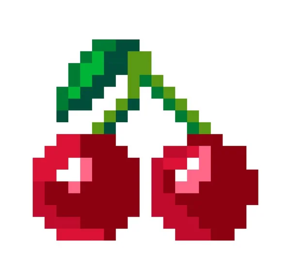 葉と茎の上のチェリー おいしいと葉で熟した果実 夏と春の収穫 インターフェイスモチーフを再生するためのピクセル記号 ピクセル化された孤立したアイコン 8ビットゲームデザイン フラットスタイルのベクトル — ストックベクタ