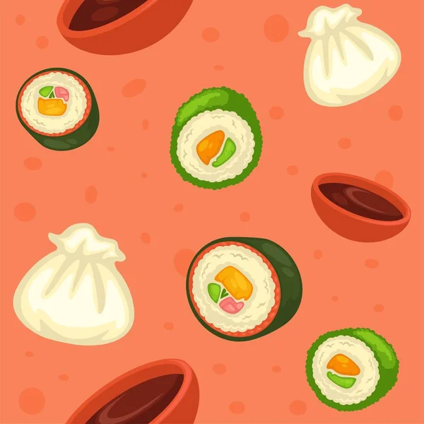 Ramen Sopa Sushi Rollos Salsa Soja Comida Asiática País Oriental — Vector de stock