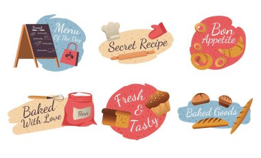Fırın ürünü, tasarım çıkartması setinde hamur işi öğesi. Doğal lezzetli somun, pasta ve kruvasan etiket koleksiyonunda, vektör illüstrasyonunda. Günün menüsü, etikette taze organik ekmek.
