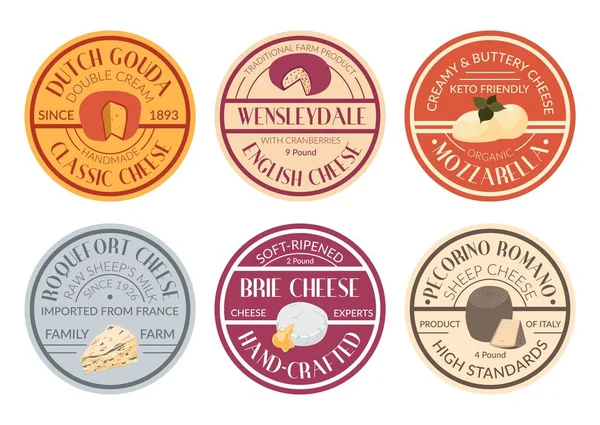 Ensemble Étiquettes Emballage Fromage Gastronomique Traditionnel Gouda Hollandaise Savoureuse Collection — Image vectorielle