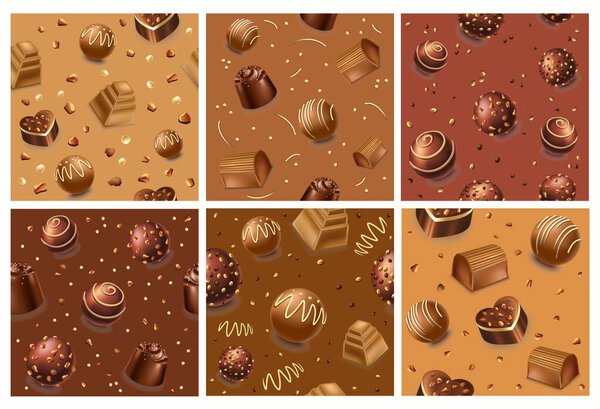 Chocolate sweets at background pattern design set. Tasty dessert candy at seamless wallpaper collection, vector illustration. Cocoa treats with caramel elements at template decor banner