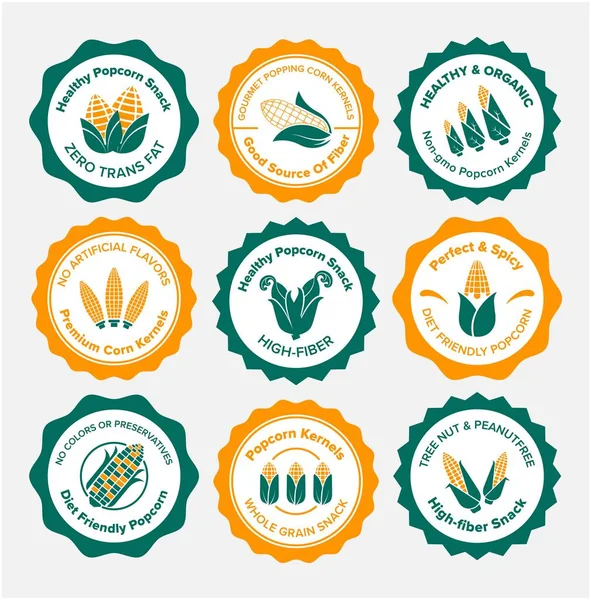 Набор Стикеров Натуральной Кукурузы Красочная Коллекция Тегов Линейным Продуктом Здоровой — стоковый вектор
