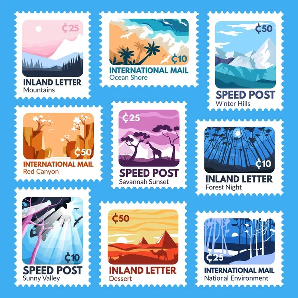 Σετ Γραμματοσήμων Πολύχρωμο Τοπίο Συλλογή Στοιχείων Postmark Φόντο Φύση Της — Διανυσματικό Αρχείο