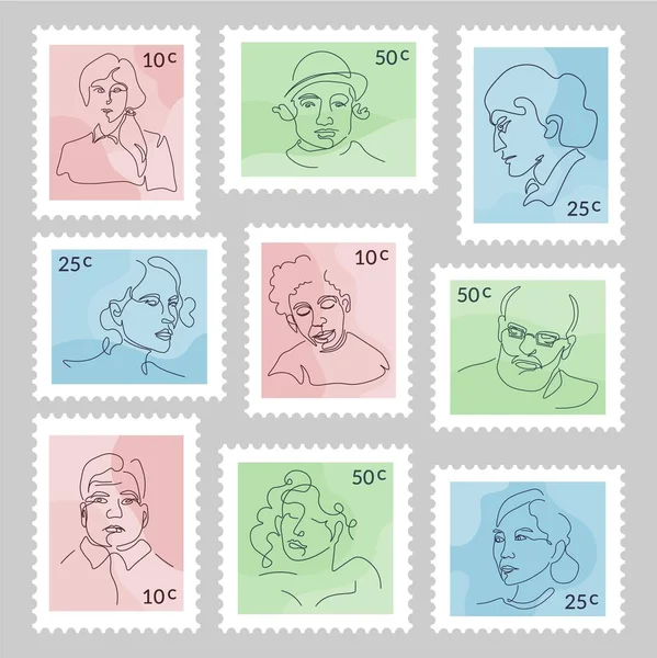 Kleurrijke Postzegel Set Met Hand Tekening Gezicht Lijn Portret Element — Stockvector