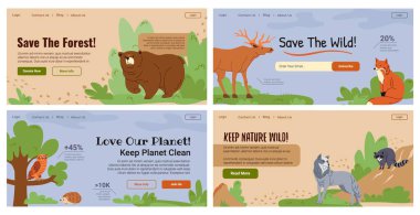 Orman hayvanları kavramını web pankartıyla kaydet. İniş sayfası tasarım koleksiyonunda vahşi doğa koruma işareti, vektör illüstrasyonu. Gezegenimizi sevin, çevreyi ve ekolojiyi web sitesinde kaydedin