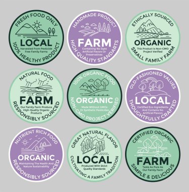 Packaging label design set for local farm product. Round colorful sticker collection with line landscape, vector illustration. Organic high quality standart food template emblem, natural production clipart