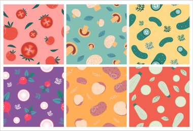 Sebze ürünleriyle dekoratif patinaj tasarımı. El yapımı domates, mantar ve sardalya, kusursuz afiş dekorasyonu, vektör yanılsaması. Doğal turp, patates ve kabak.