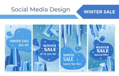 Sosyal medya haberi kış satışı teklifiyle ayarlandı. Özel anlaşma, Blu web sitesinde indirimli tanıtım, buzlu, vektör illüstrasyonlu. Kar taneleri dekorasyonlu büyük indirimli reklam.