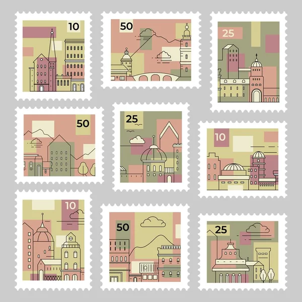 Kleurrijke Postzegel Set Met Lijnarchitectuur Post Mark Collectie Met Stad — Stockvector