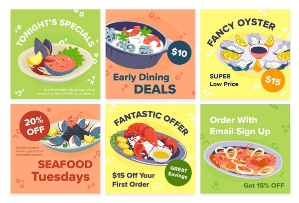 Сетевая Веб Страница Предложениями Ресторанов Seafood Предложение Здорового Питания Коллекции — стоковый вектор
