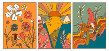 1960 'ların Hippi Soyut Çiçek Vektörü Geçmişi. Kapak ya da Poster Şablonları modaya uygun Vintage Grafik Tasarımı Retro Tasarımı.