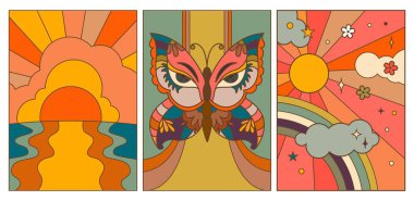 1960 'ların Hippi Soyut Çiçek Vektörü Geçmişi. Kapak ya da Poster Şablonları modaya uygun Vintage Grafik Tasarımı Retro Tasarımı.