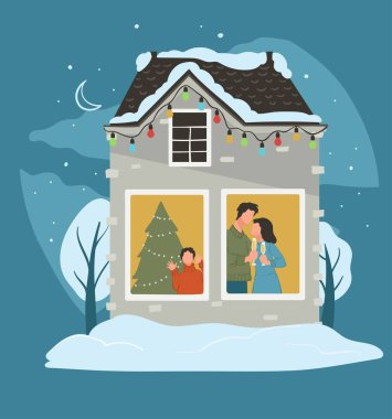 Çatısı karla kaplı bir ev, bahçesinde ot ve ağaçlar olan bir bina manzarası. Gece kırsalda ya da köyde. Kış mevsiminde evde, soğuk ve soğuk havalarda. Düz biçimli vektör