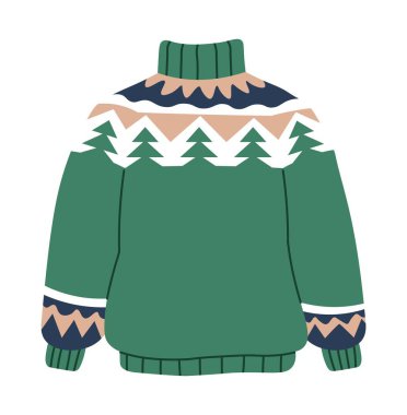 Soğuk mevsimler ve kış için örülmüş kazaklar, erkekler için izole edilmiş sıcak kıyafetler. Çam ağaçları ve soyut geometrik şekilli örgü. Erkekler ve kadınlar için giysi ve giysiler. Düz biçimli vektör