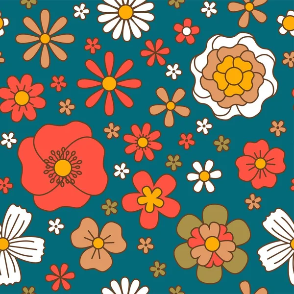 トレンディーなBohoレトロヴィンテージ60花シームレスパターン カモミールとデイジー バラの花を咲かせます グルービー背景や印刷 壁紙やテキスタイルデザイン ベクトル — ストックベクタ