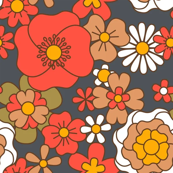 时尚博豪复古60年代花无缝图案 保持花的艳丽与盛开 菊花与雏菊 玫瑰盛开 色彩艳丽的背景或印花 壁纸或纺织品设计 — 图库矢量图片