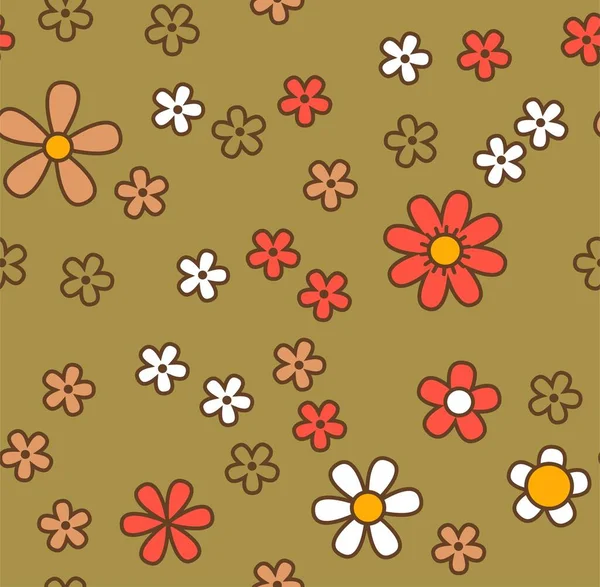 トレンディーなBohoレトロヴィンテージ60花シームレスパターン カモミールとデイジー バラの花を咲かせます グルービー背景や印刷 壁紙やテキスタイルデザイン ベクトル — ストックベクタ