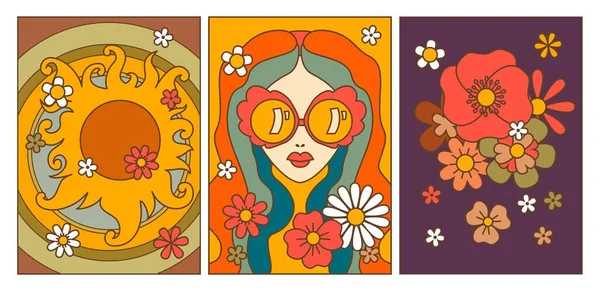 1960 Ların Hippi Soyut Çiçek Vektörü Geçmişi Kapak Poster Şablonları — Stok Vektör