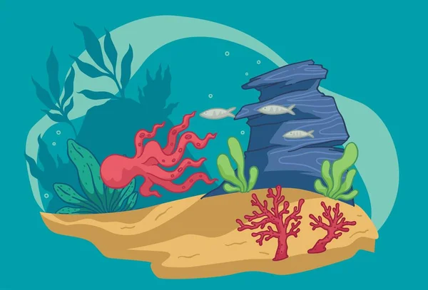 魚や海藻 水中植物や動物と水族館 海洋生物や植物 サンゴや砂 海や海の底にゼリーとヒトデ 平面図のベクトル — ストックベクタ
