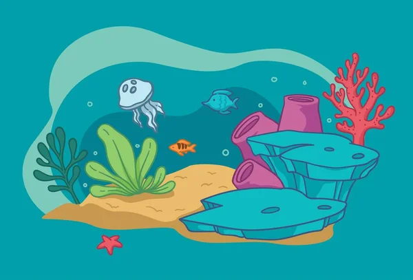 魚や海藻 水中植物や動物と水族館 海洋生物や植物 サンゴや砂 海や海の底にゼリーとヒトデ 平面図のベクトル — ストックベクタ