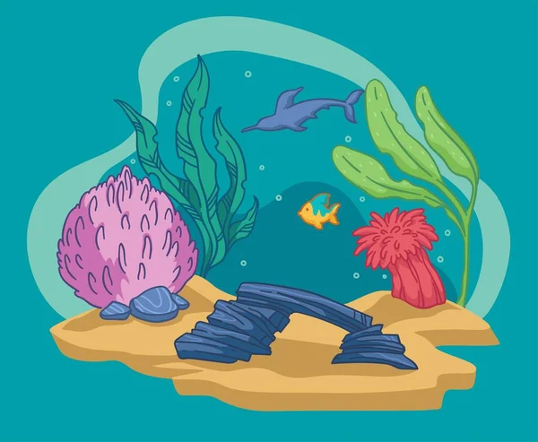 Balık Yosunlu Akvaryum Altı Bitki Örtüsü Fauna Deniz Deniz Canlıları — Stok Vektör