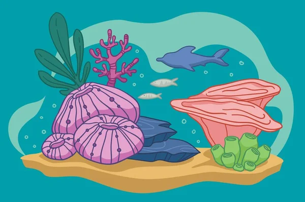 수족관에 물고기와 해초가 산호와 바닥의 젤리와 불가사리 모양의 반사기 — 스톡 벡터