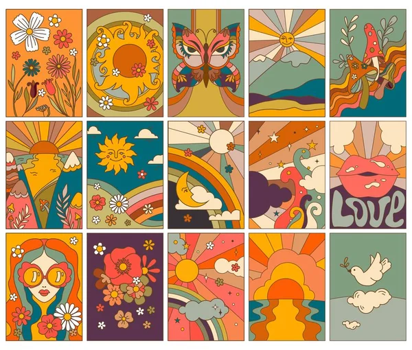 Cartoni Animati Stampe Con Fiori Fiore Personaggio Occhiali Paesaggio Sole — Vettoriale Stock