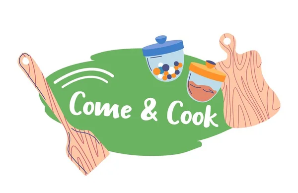 Kochkurse Und Kochkunst Banner Mit Mit Mit Zutaten Gefüllten Gläsern — Stockvektor
