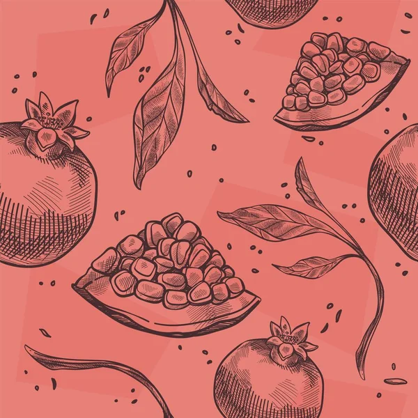 葉を持つ枝を持つザクロ スナックや食事のためのおいしいと熟した有機栄養製品 シームレスなパターンや印刷 壁紙の背景モノクロスケッチ 平型ベクトル — ストックベクタ