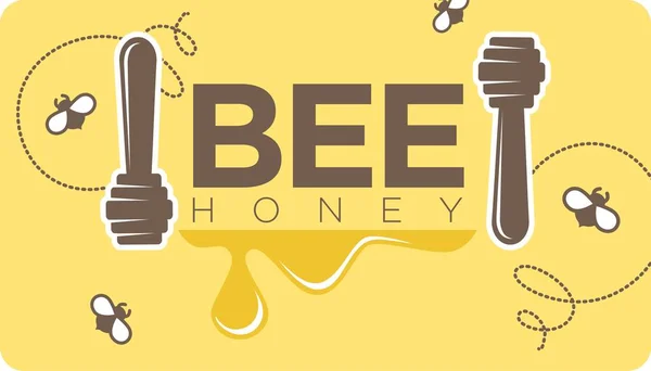 蜂蜜製品 蜂や木製のスプーン 健康と健康のためのビジネス生産 有機的かつ健康的な食事の成分のためのバナーやロゴタイプ おいしい食事や軽食 平型ベクトル — ストックベクタ