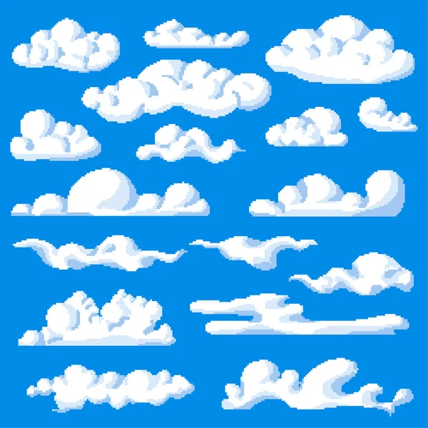 Pixel Cloudscape Cloud Masses Blue Sky Pixelated Icons Game Setting — Stock Vector