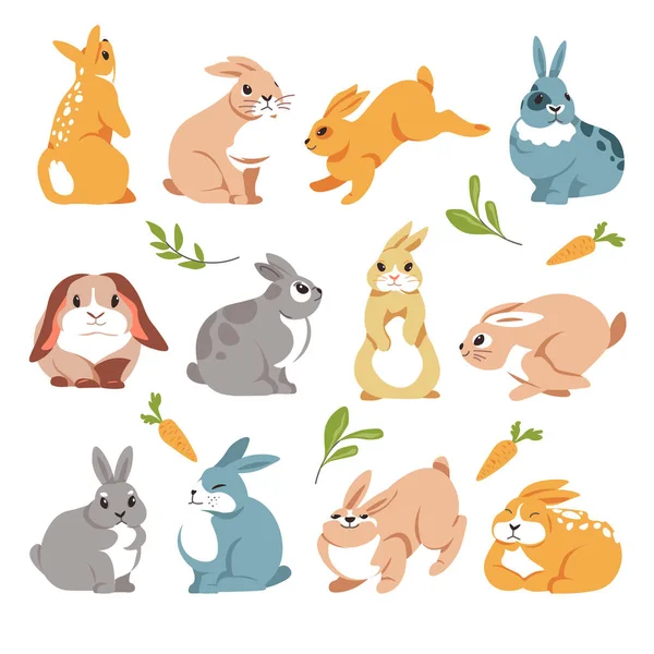 Liebres Conejos Salvajes Personajes Animales Lindos Aislados Con Zanahorias Sentado — Archivo Imágenes Vectoriales