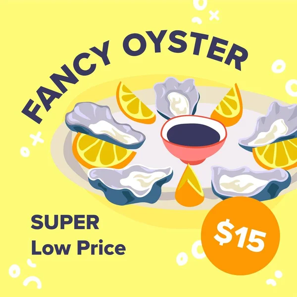 海鲜和地中海餐的超低价格 美味的牡蛎 柠檬片和酱油作海味 特价餐厅或有折扣的餐厅 矢量呈扁平型 — 图库矢量图片