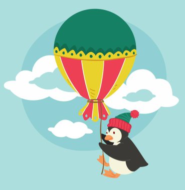 Penguen karakteri kalın örülü şapka takıyor ve iplik üzerinde klasik balon tutuyor. Kış mevsimi, tatiller, Noel 'ler ve yeni yıl kutlamaları. Tebrik kartı ya da basılı tebrik kartı. Düz biçimli vektör