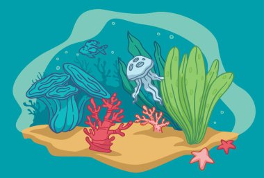 Balık ve yosunlu akvaryum, su altı bitki örtüsü ve fauna. Deniz ve deniz canlıları ve bitkiler, mercanlar ve kum. Denizyıldızı ve denizyıldızı denizin ya da okyanusun dibinde. Düz biçim illüstrasyonunda vektör