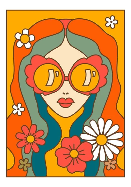머리에 선글라스를 여성의 캐릭터 식물상 식물상 데이지와 디자인 모양의 반사기 — 스톡 벡터