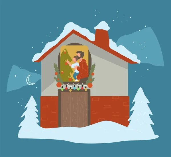 Празднование Рождества Дома Люди Украшают Елку Новому Году Празднествам Дом — стоковый вектор