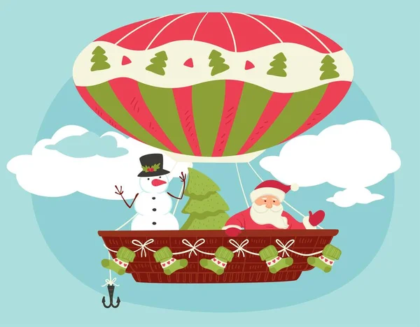 Воздушный Шар Дедом Морозом Снеговиком Сосной Рождество Новый Год Рождественский — стоковый вектор