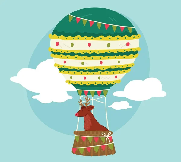 トナカイを運ぶクリスマス熱気球 旗や装飾用のガーランド 冬の休日のお祝い クリスマスのキャラクターを空飛ぶ 新年と冬の季節の楽しみと活動 平型ベクトル — ストックベクタ
