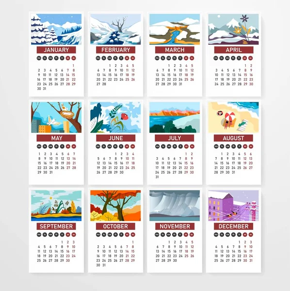 Річний Календар Листами Дат Днів Пейзажів Сезонні Зображення Снігові Гори — стоковий вектор