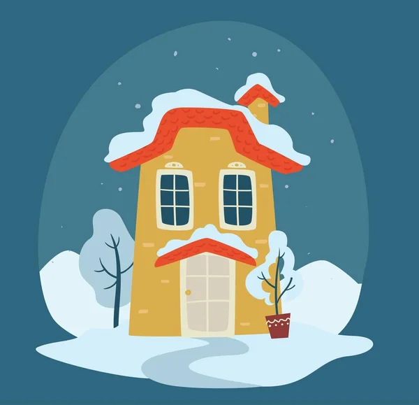 House with rooftop covered with snow, landscape of building with pot and trees on yards. Night in countryside or village. Home during winter season, cold and chilly weather. Vector in flat style