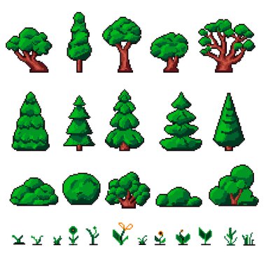 Piksel ağaçları ve çalılar, çiçek açan çiçekler ve bahar bitkisi. Oyun seviyesi ayarlanıyor, çiçekçi kompozisyonu Gamification. 8 bit oyun için izole edilmiş pikselli simge, retro tasarım. Düz biçimli vektör