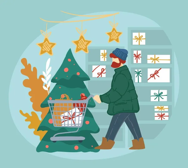 男性キャラクターはクリスマスと新年の休暇のプレゼントを選択します ショッピングカートと包装紙付きのボックスを持つ男 ガーランドやベーブルでクリスマスツリーを通過男 平型ベクトル — ストックベクタ