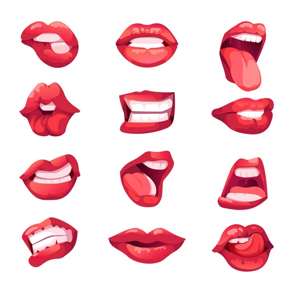 顔の部分と唇の表情 歯を示し 舌を突き出す 軽蔑し 現実的な女性の詳細 女性のキャラクターによる感情 平型ベクトル — ストックベクタ