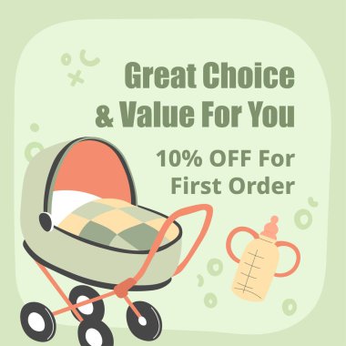 Bebek kıyafetleri ve ürünler ilk siparişiniz için yüzde on indirimli mağaza veya mağazada. Harika bir seçim ve değer. Çocuklar ve bebekler, sapı, beşiği ve bebek arabası afişi olan şişeler. Düz biçimli vektör