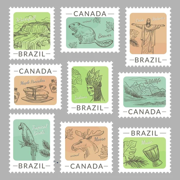 Kanada Damgalı Brezilya Ulusal Unsurları Elle Çizilmiş Posta Pulu Koleksiyonu — Stok Vektör